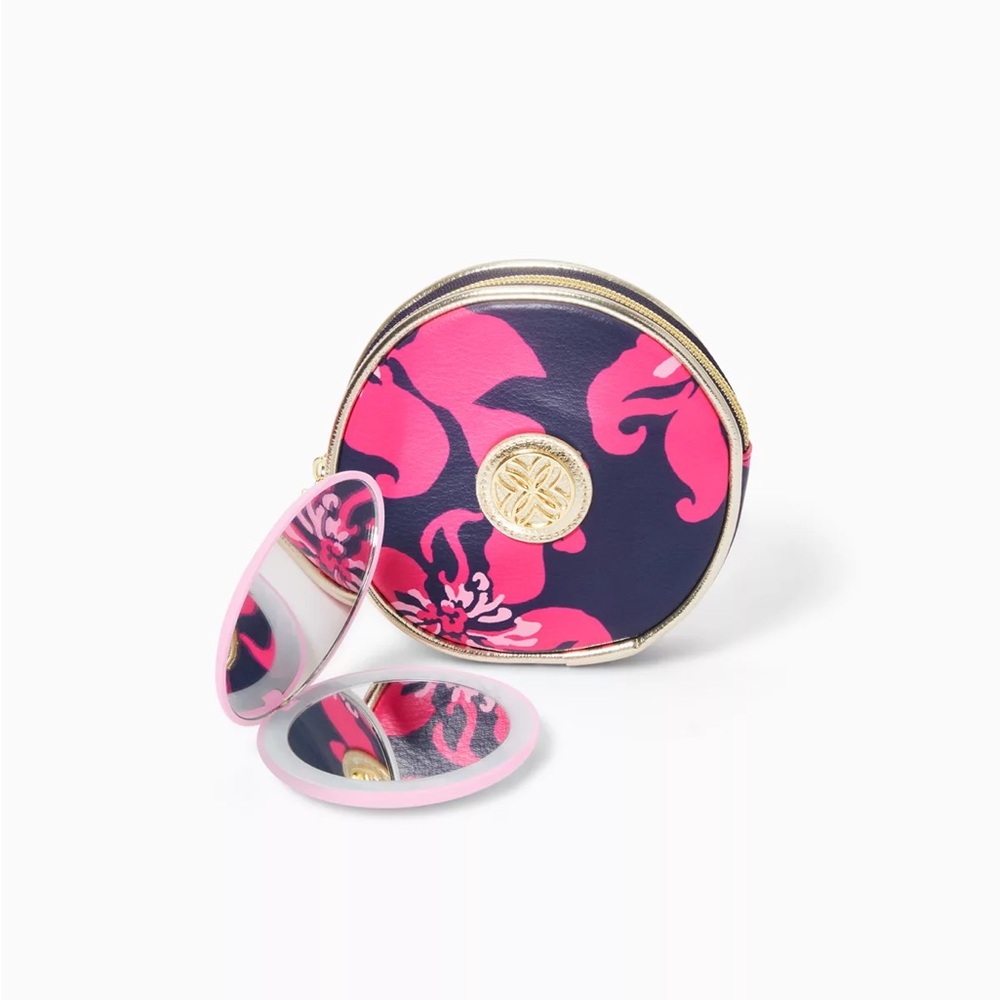 Lilly Pulitzer Pink & Navy Light-Up Compact Mirror with Case NWT
